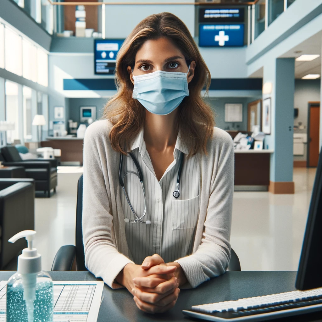 Eine Mitarbeiterin am Empfang trägt eine Maske zum Schutz gegen Coronaviren.